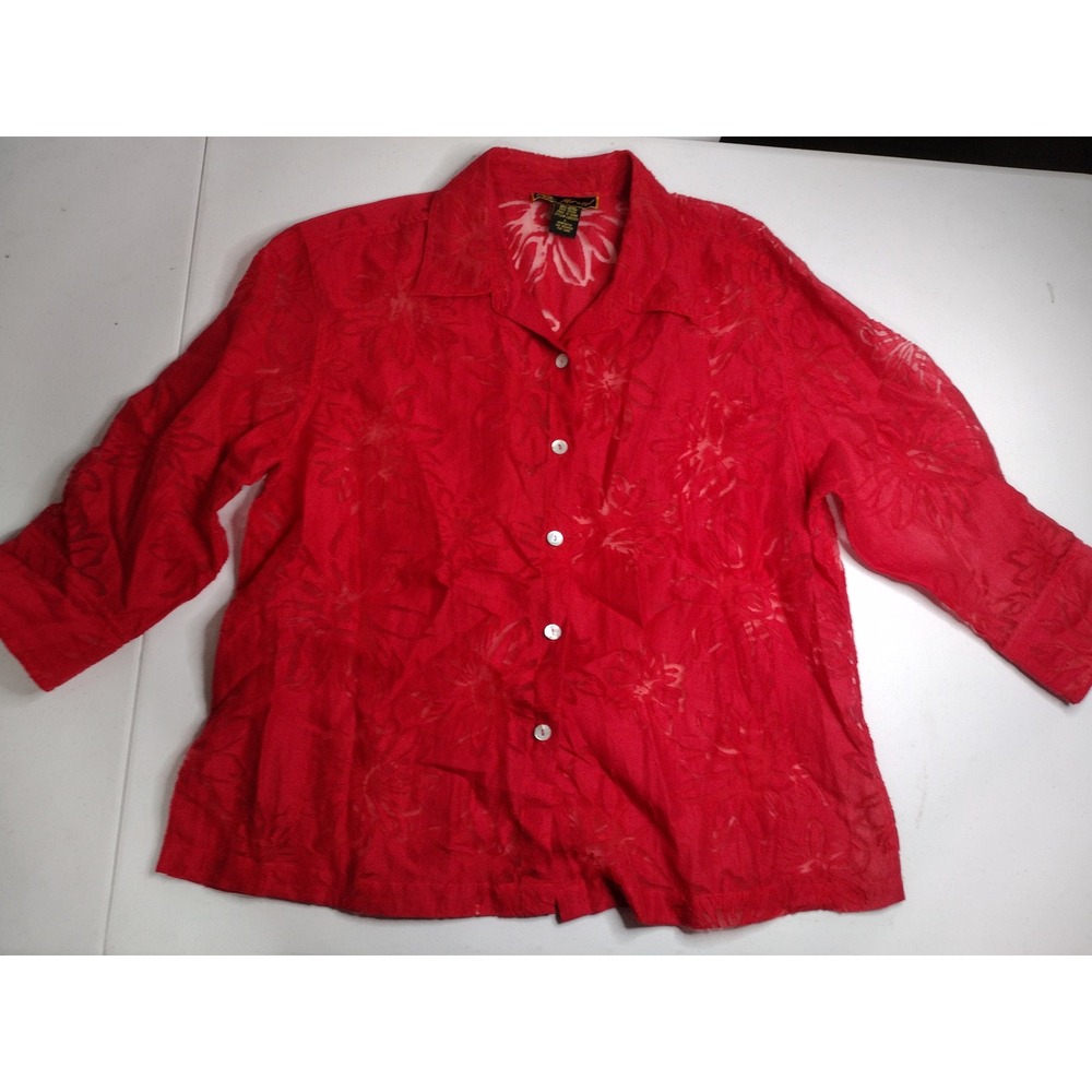 Mirasol Red Floral Sheer Button Down Blouse Linen Blend Top Women's Large